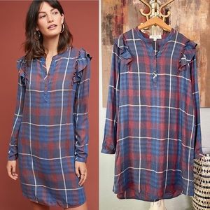 Anthro Cloth & Stone Ruffled Plaid Shirtdress